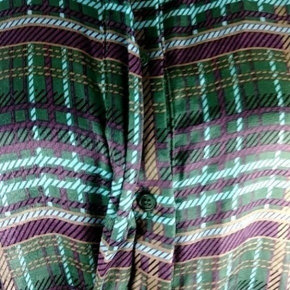 JOA Green Satin Plaid Tie Front Silky Long Sleeve Top - Picture 8 of 14